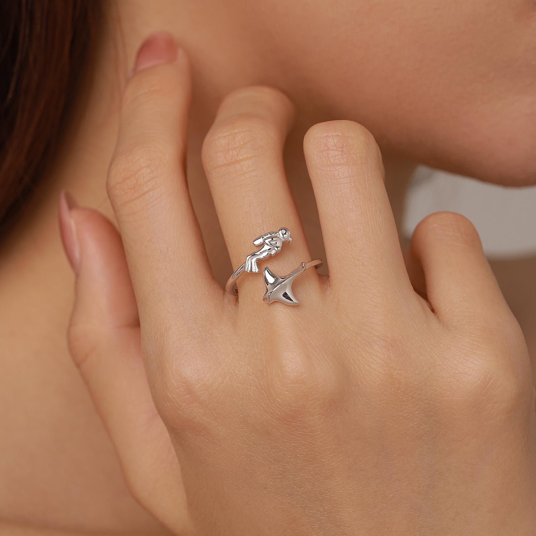 Sterling Silver Scuba Diver and Manta Ray Adjustable Ring
