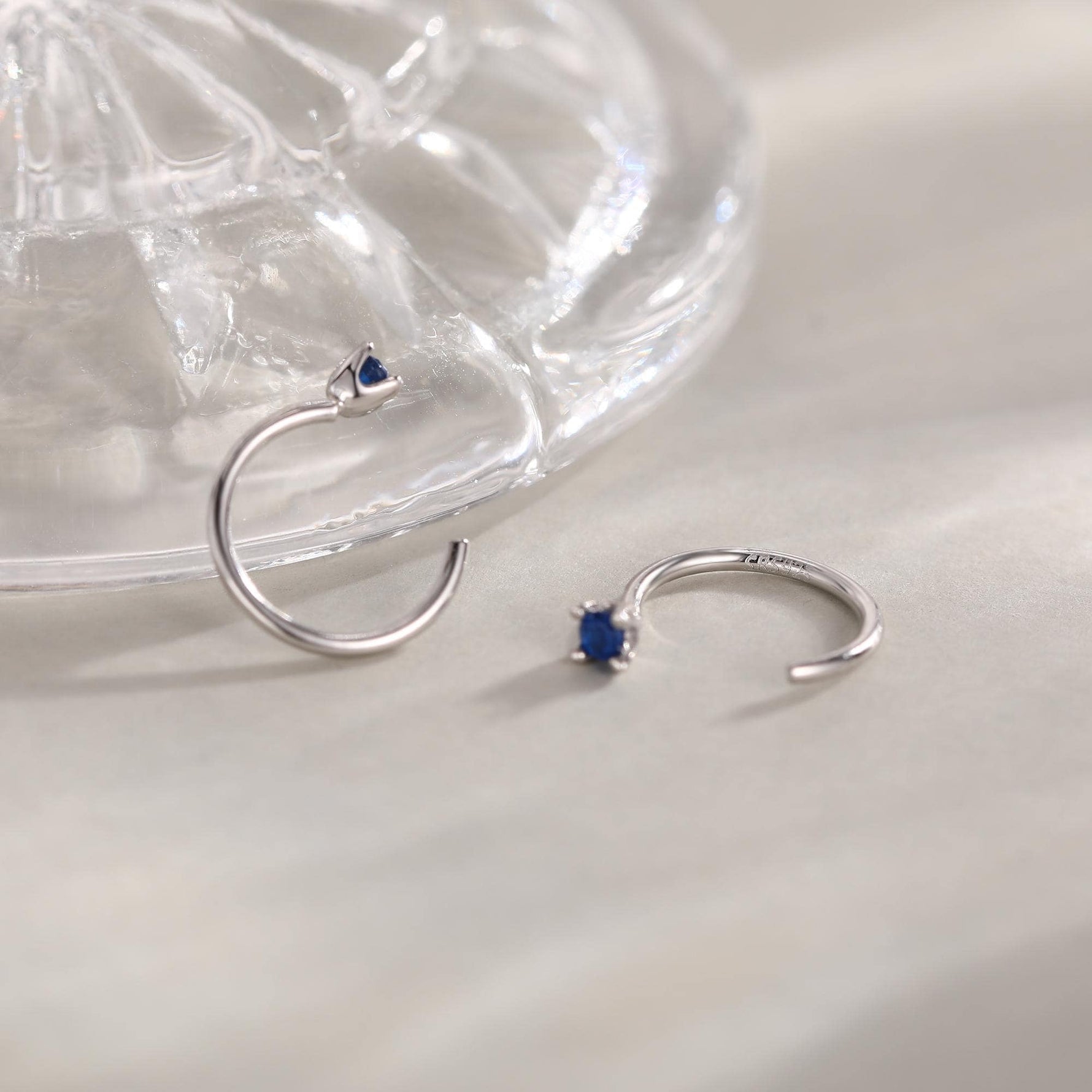 Sterling Silver Sapphire Blue CZ Open Hoop Earrings