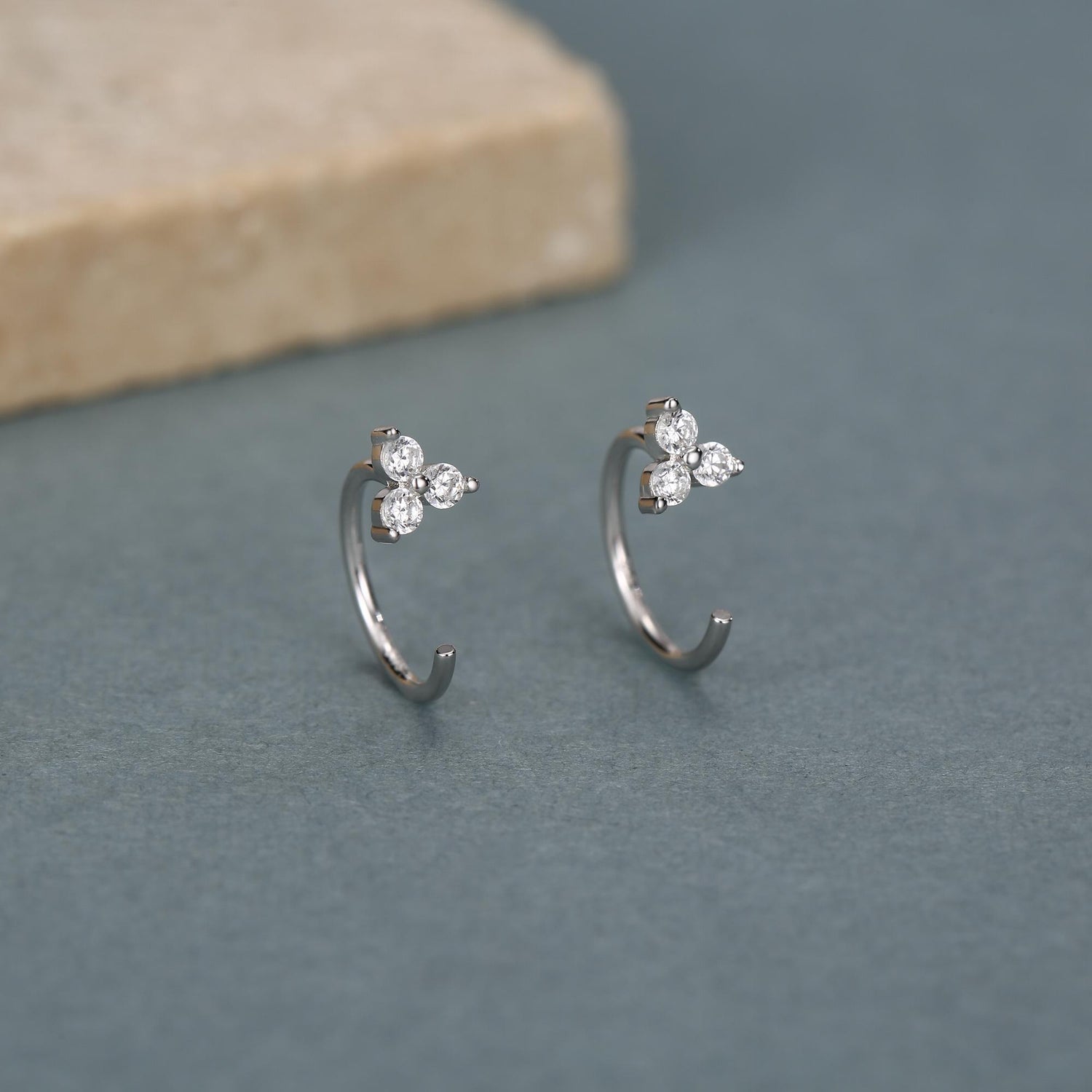 Three CZ Trinity Threader Hoop Earrings in Sterling Silver, Three Dot Open Hoop Earrings, Huggie Hoop, Silver or Gold, Pull Through