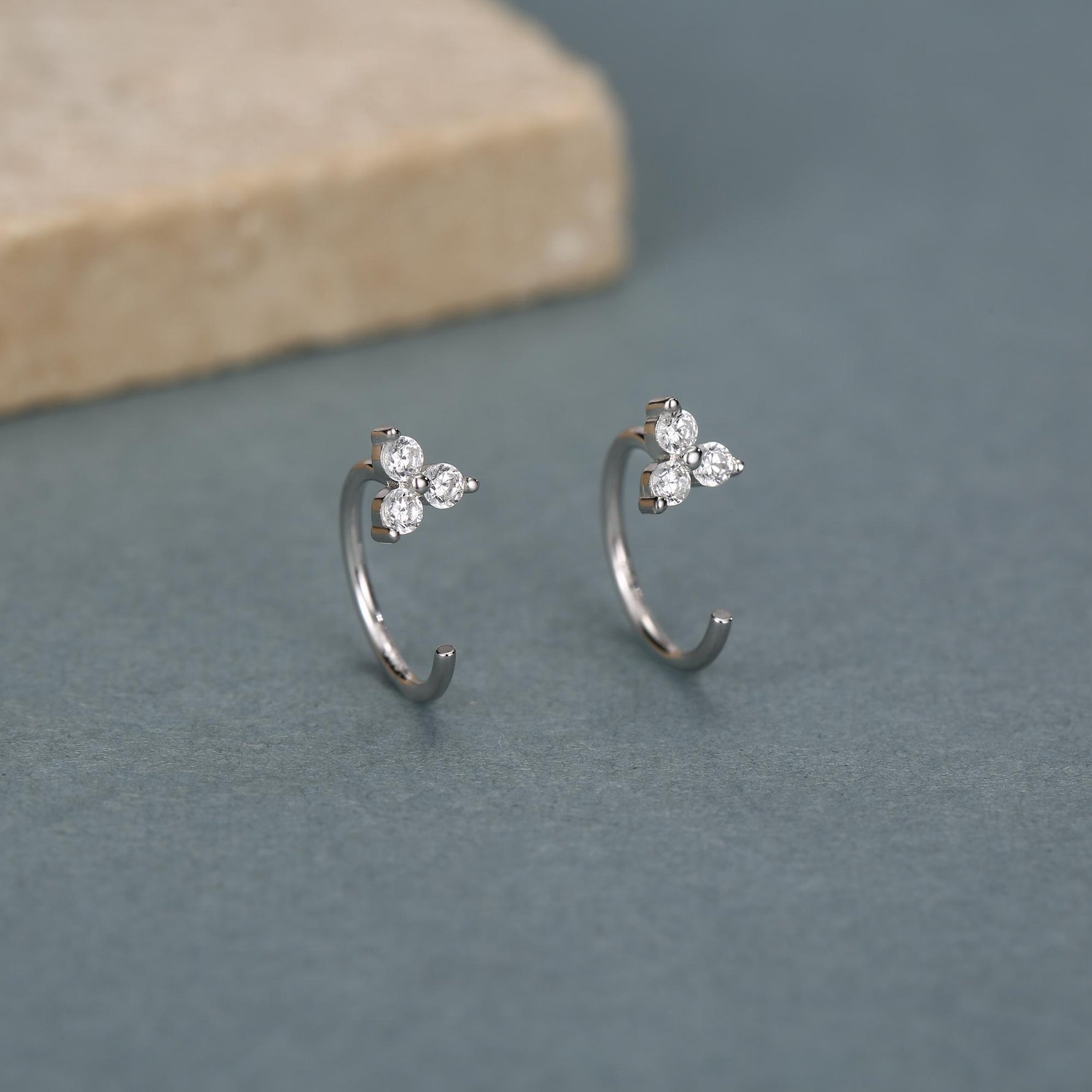 Three CZ Trinity Threader Hoop Earrings in Sterling Silver, Three Dot Open Hoop Earrings, Huggie Hoop, Silver or Gold, Pull Through