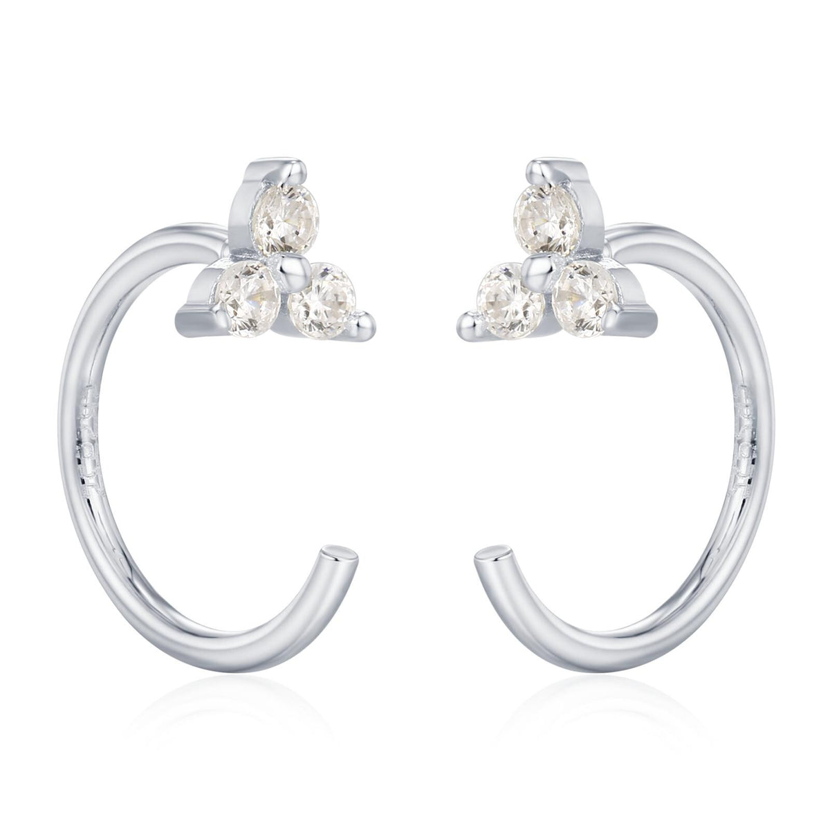 Three CZ Trinity Threader Hoop Earrings in Sterling Silver, Three Dot Open Hoop Earrings, Huggie Hoop, Silver or Gold, Pull Through