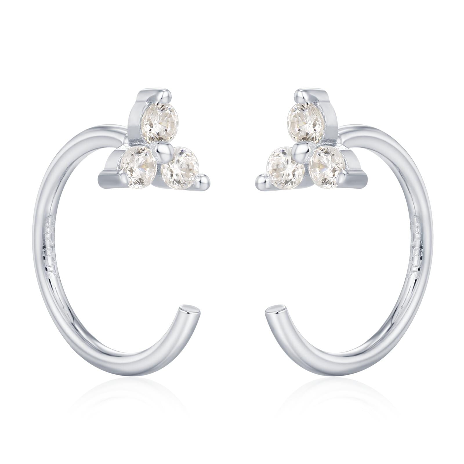 Three CZ Trinity Threader Hoop Earrings in Sterling Silver, Three Dot Open Hoop Earrings, Huggie Hoop, Silver or Gold, Pull Through
