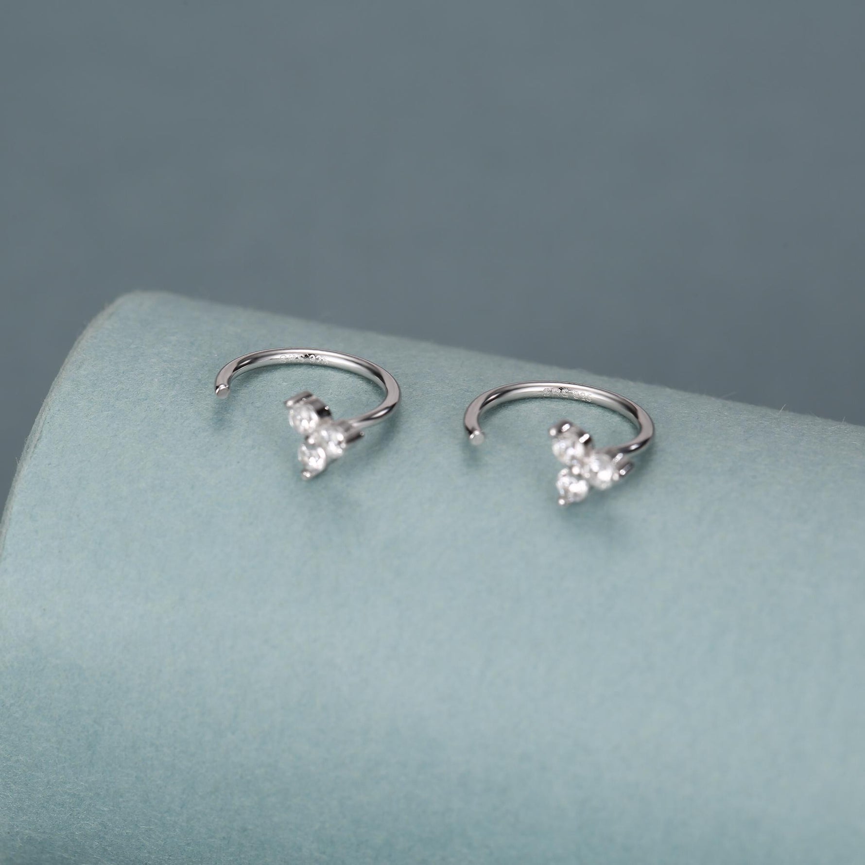 Three CZ Trinity Threader Hoop Earrings in Sterling Silver, Three Dot Open Hoop Earrings, Huggie Hoop, Silver or Gold, Pull Through