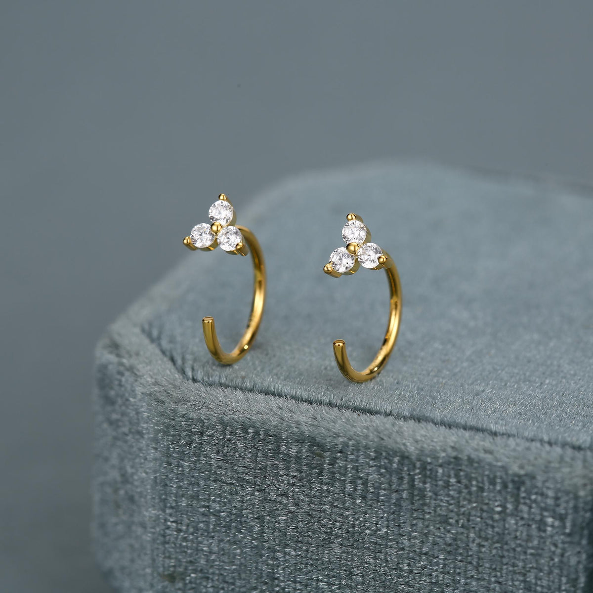 Three CZ Trinity Threader Hoop Earrings in Sterling Silver, Three Dot Open Hoop Earrings, Huggie Hoop, Silver or Gold, Pull Through