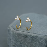 Three CZ Trinity Threader Hoop Earrings in Sterling Silver, Three Dot Open Hoop Earrings, Huggie Hoop, Silver or Gold, Pull Through