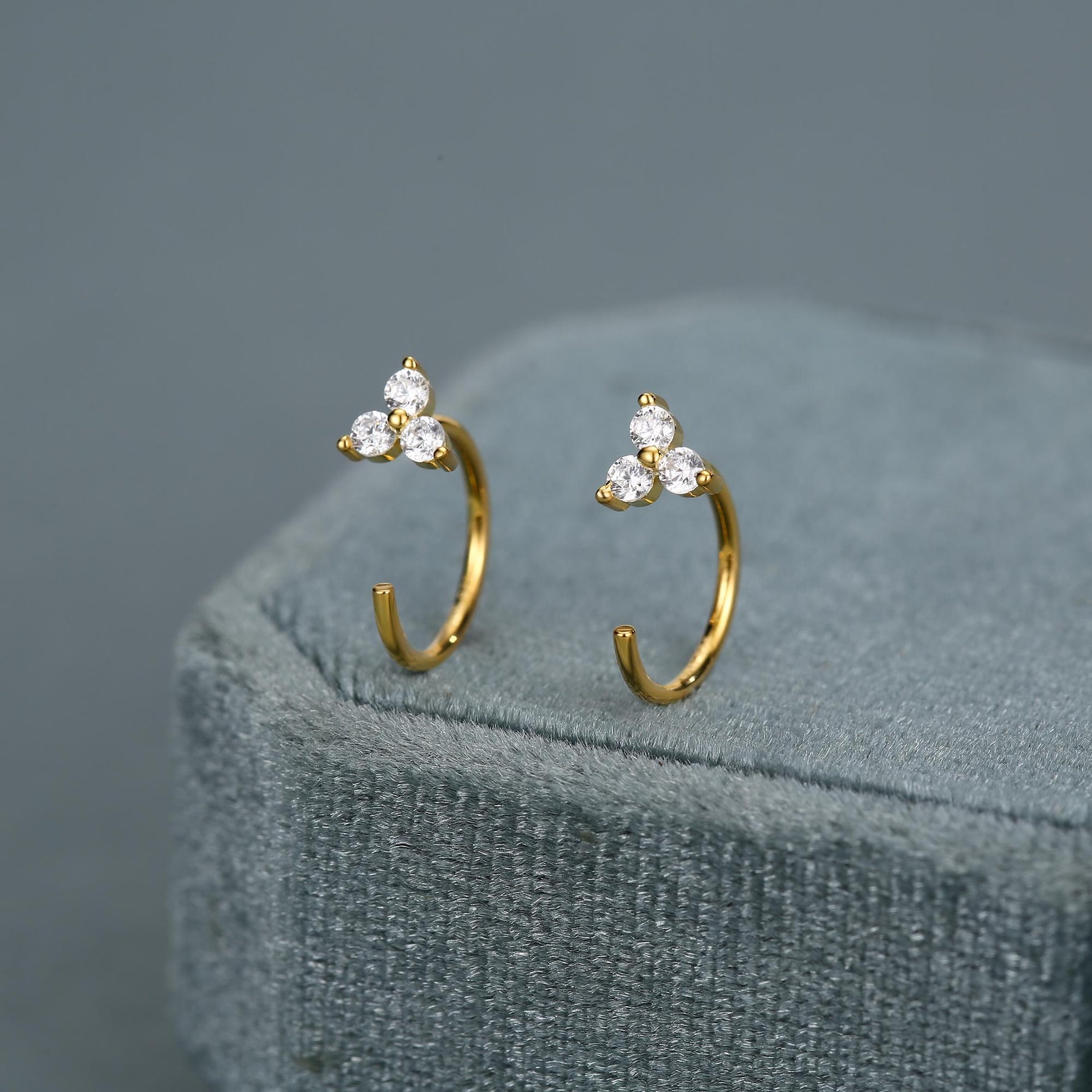 Three CZ Trinity Threader Hoop Earrings in Sterling Silver, Three Dot Open Hoop Earrings, Huggie Hoop, Silver or Gold, Pull Through