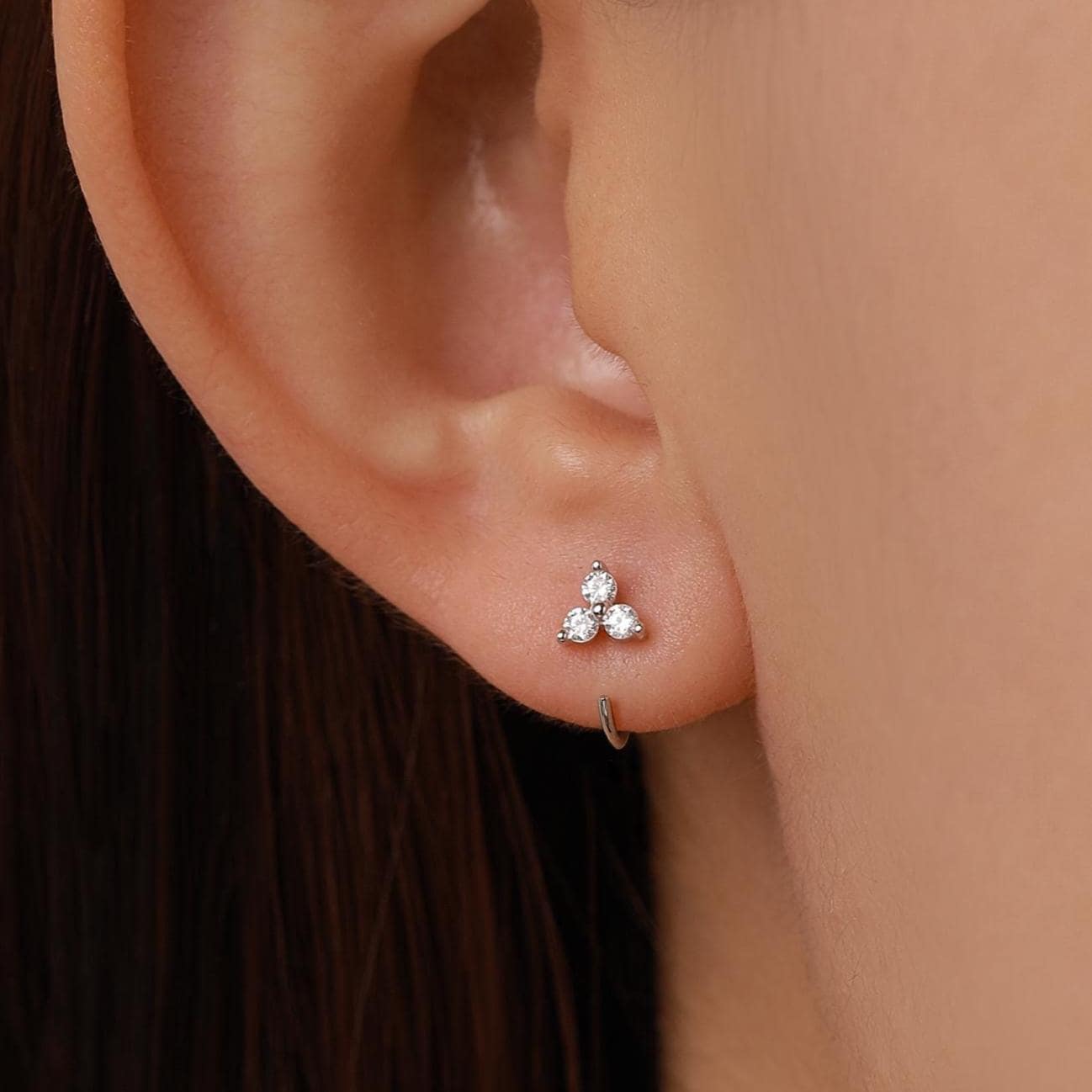 Three CZ Trinity Threader Hoop Earrings in Sterling Silver, Three Dot Open Hoop Earrings, Huggie Hoop, Silver or Gold, Pull Through