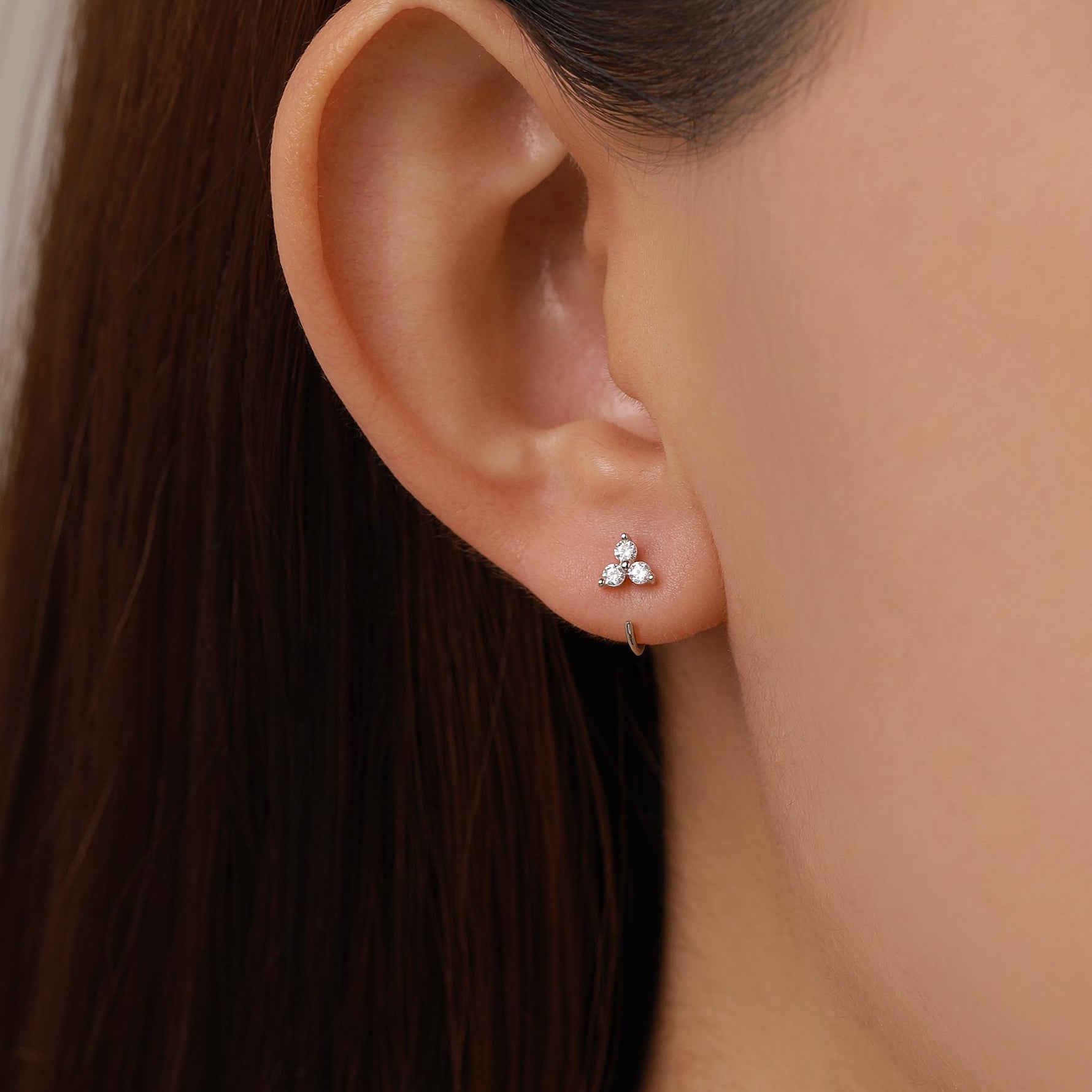 Three CZ Trinity Threader Hoop Earrings in Sterling Silver, Three Dot Open Hoop Earrings, Huggie Hoop, Silver or Gold, Pull Through