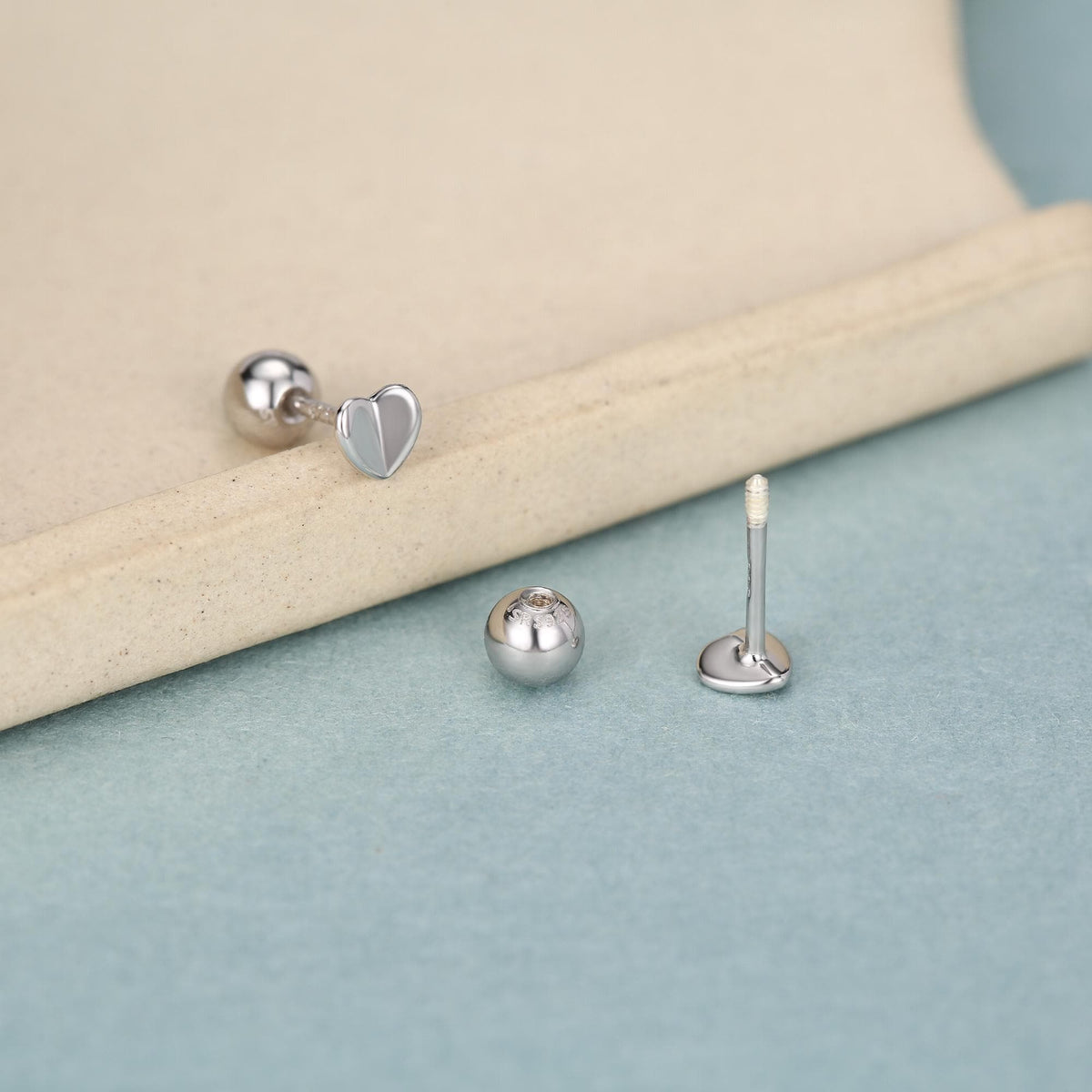 Small Pair of Folded Heart Screw Back Earrings in Sterling Silver, Rose Gold, Silver- helix, cartilage, conch, tragus