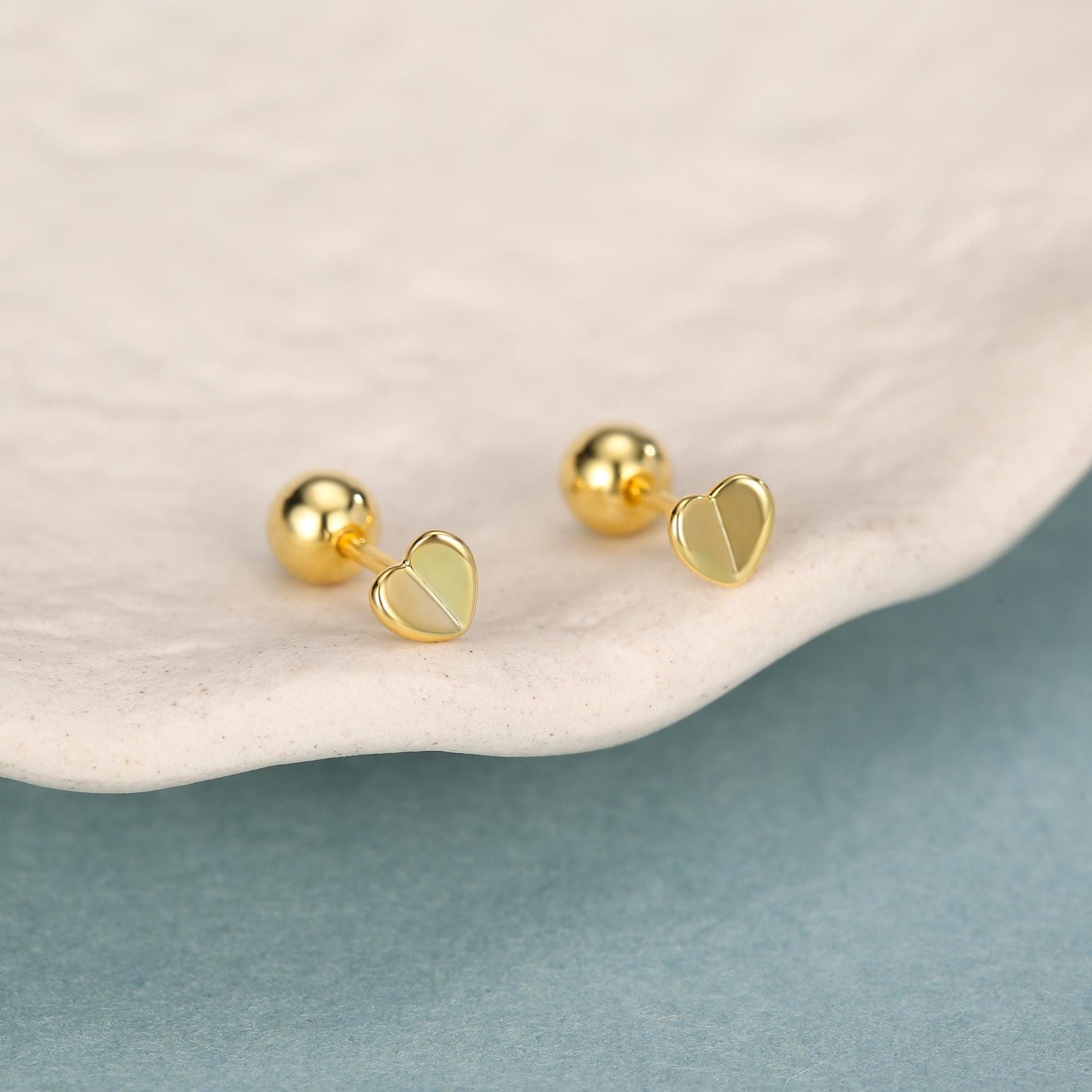 Small Pair of Folded Heart Screw Back Earrings in Sterling Silver, Rose Gold, Silver- helix, cartilage, conch, tragus