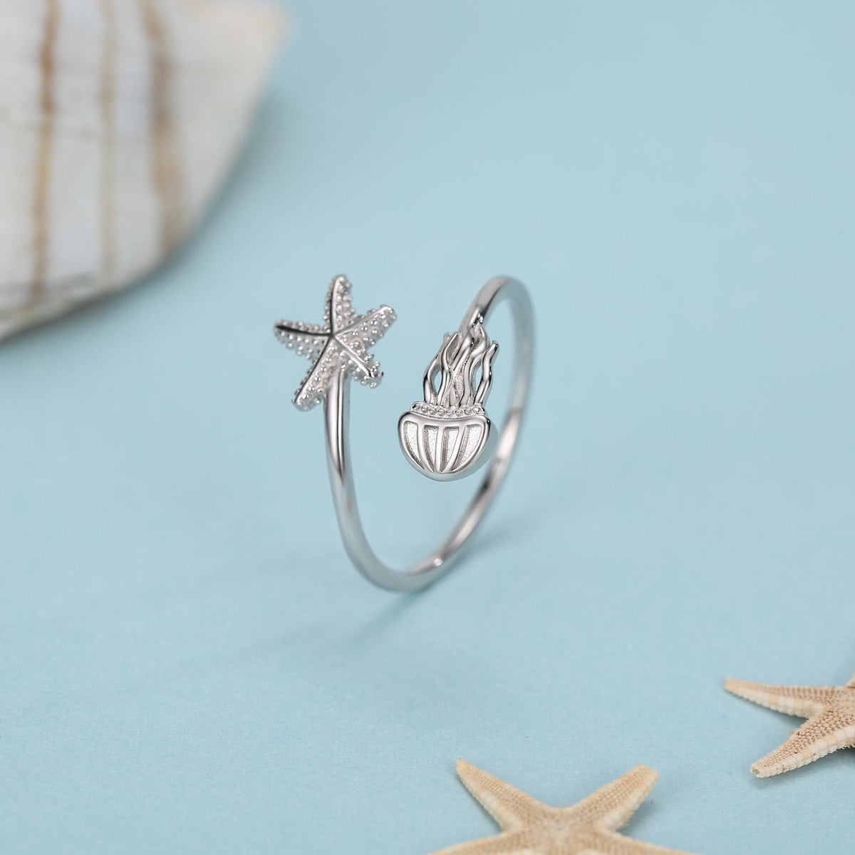 Sterling Silver Starfish and Jellyfish Open Ring