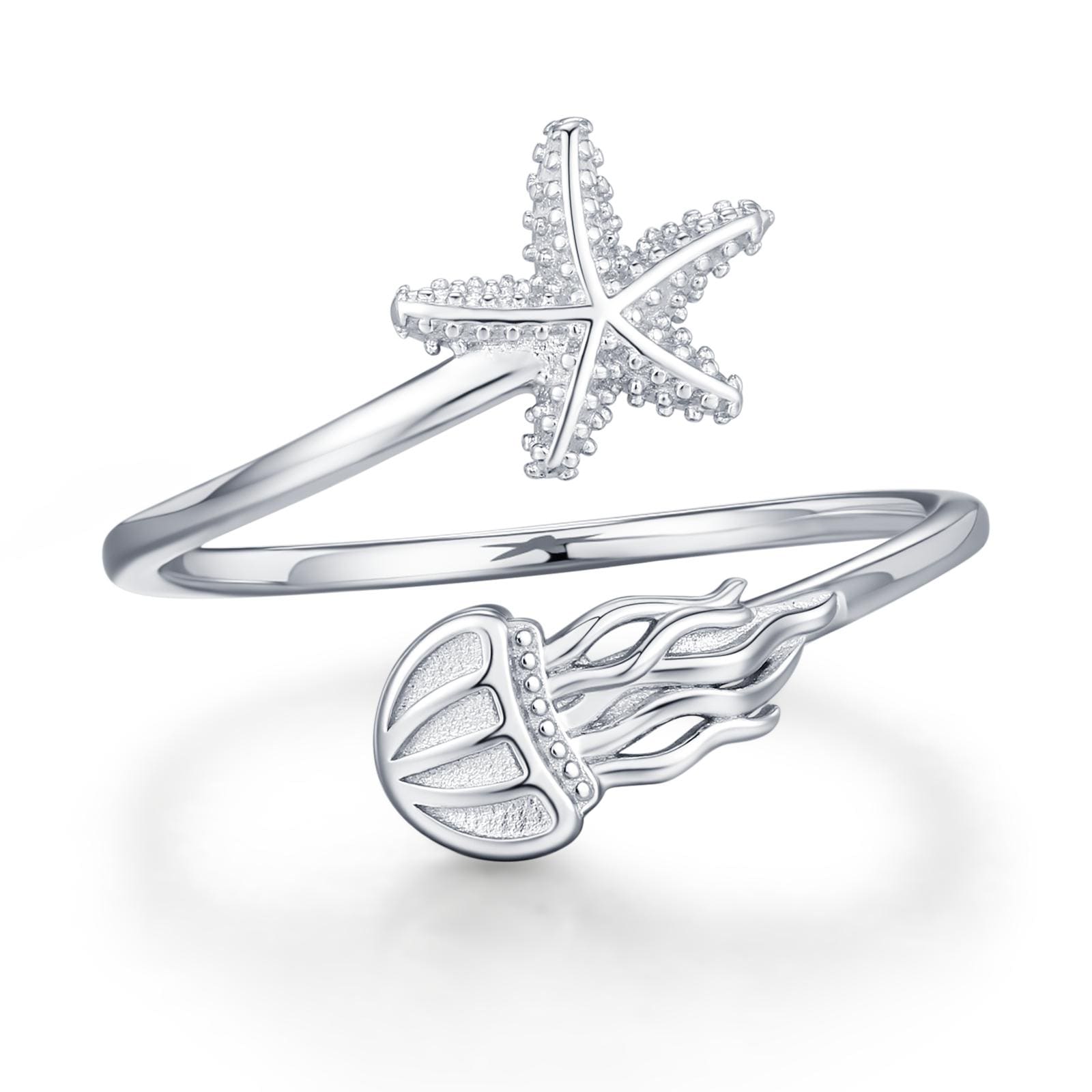 Sterling Silver Starfish and Jellyfish Open Ring