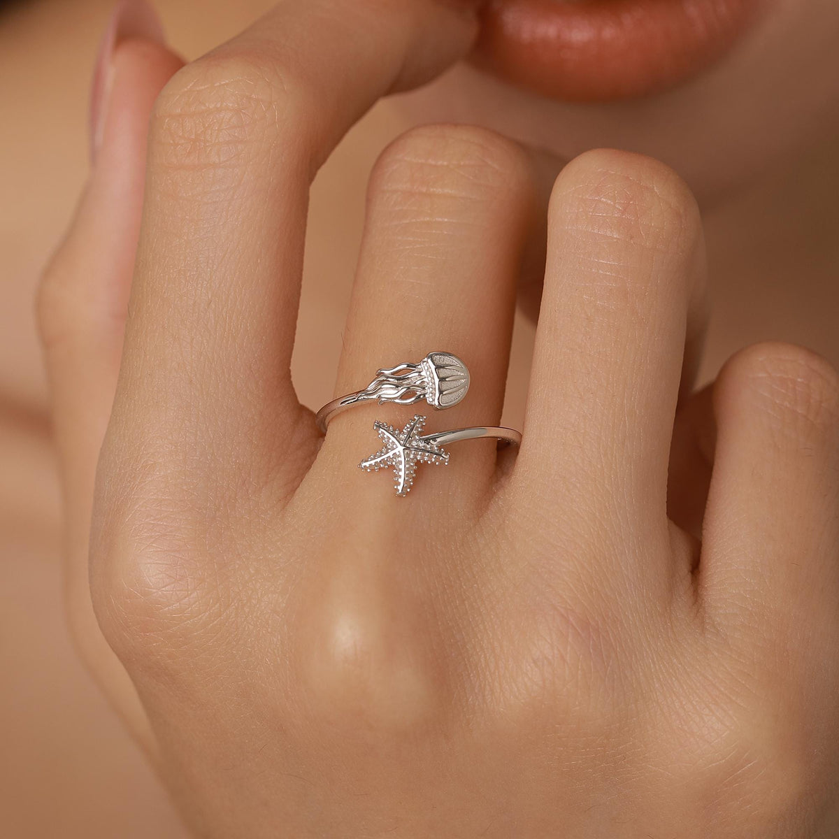 Sterling Silver Starfish and Jellyfish Open Ring