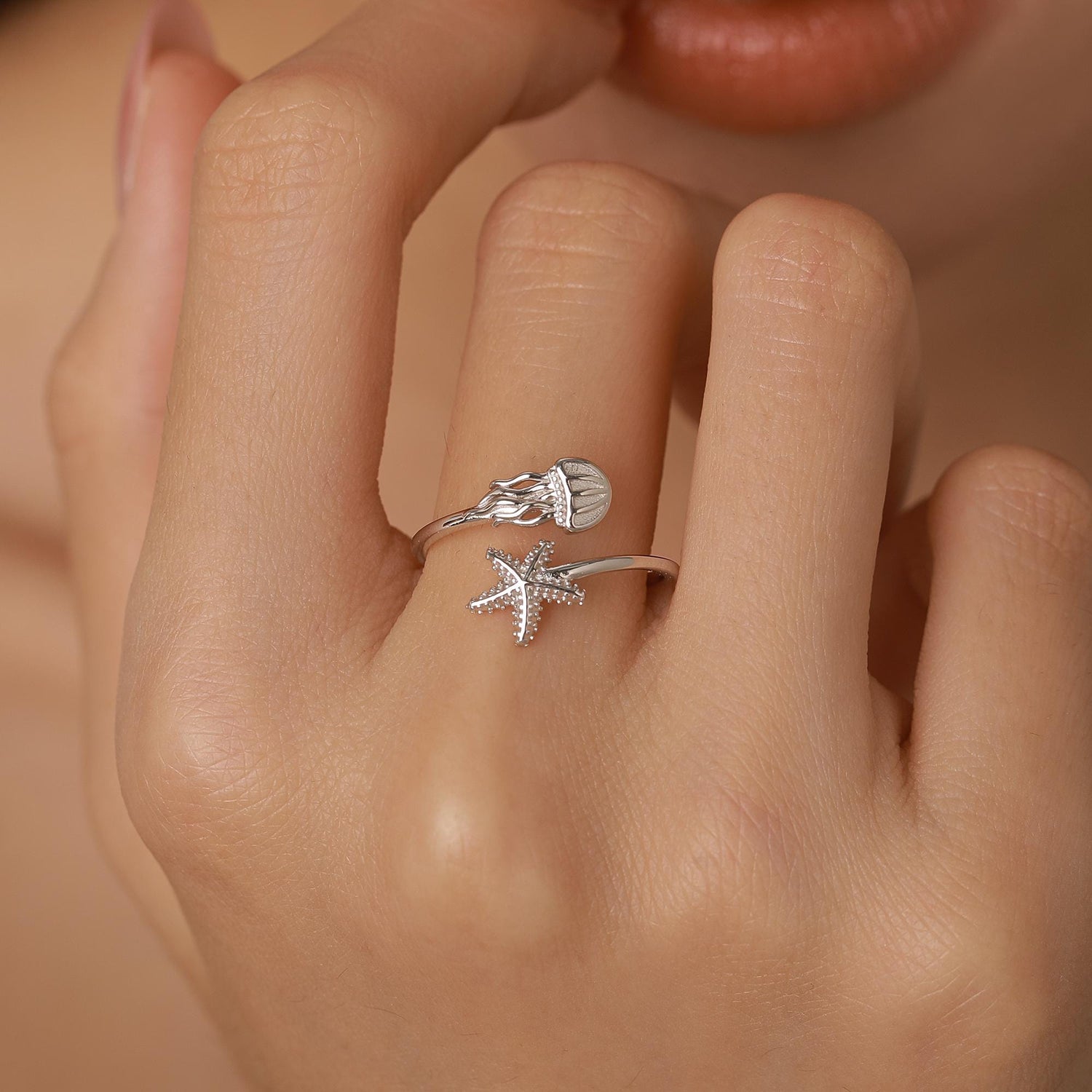 Sterling Silver Starfish and Jellyfish Open Ring