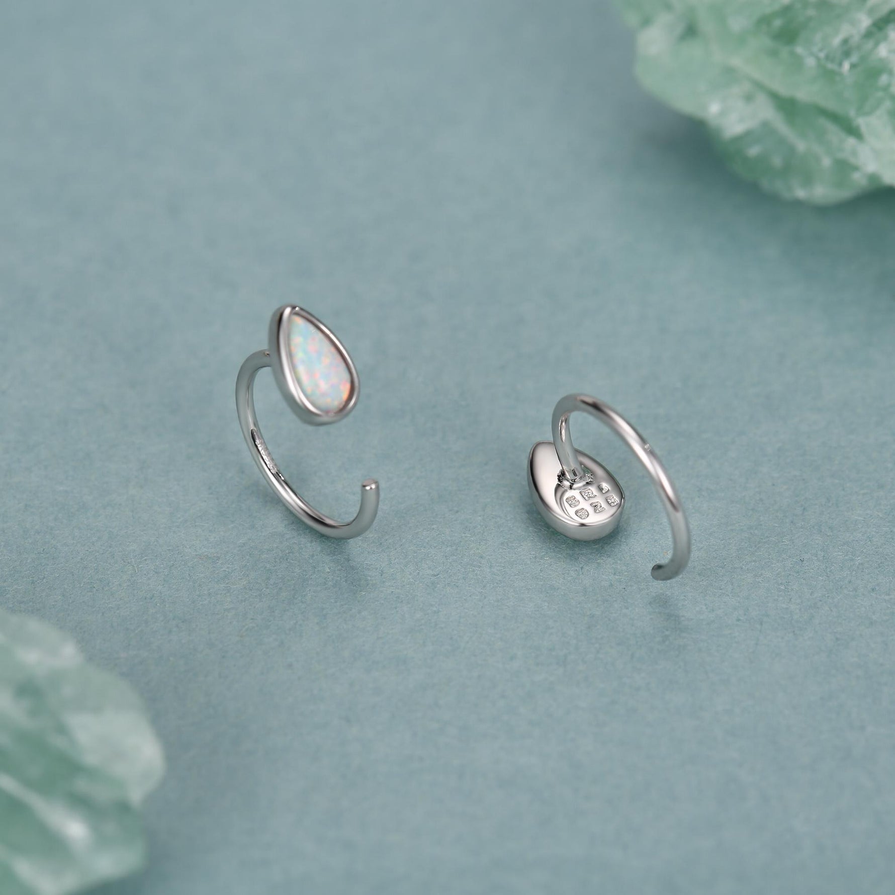 White Opal Droplet Opal Huggie Hoop Earrings in Sterling Silver, Opal Open Hoops, Opal Pull Through Threaders, Half Hoops, C Shape Hoops