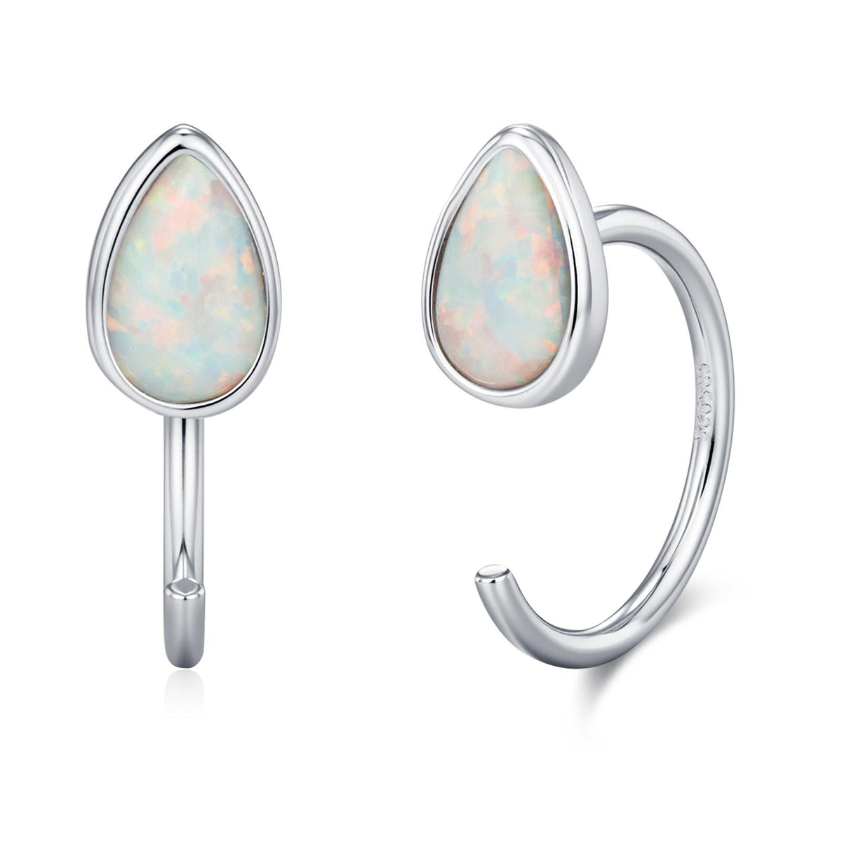 White Opal Droplet Opal Huggie Hoop Earrings in Sterling Silver, Opal Open Hoops, Opal Pull Through Threaders, Half Hoops, C Shape Hoops