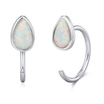 White Opal Droplet Opal Huggie Hoop Earrings in Sterling Silver, Opal Open Hoops, Opal Pull Through Threaders, Half Hoops, C Shape Hoops