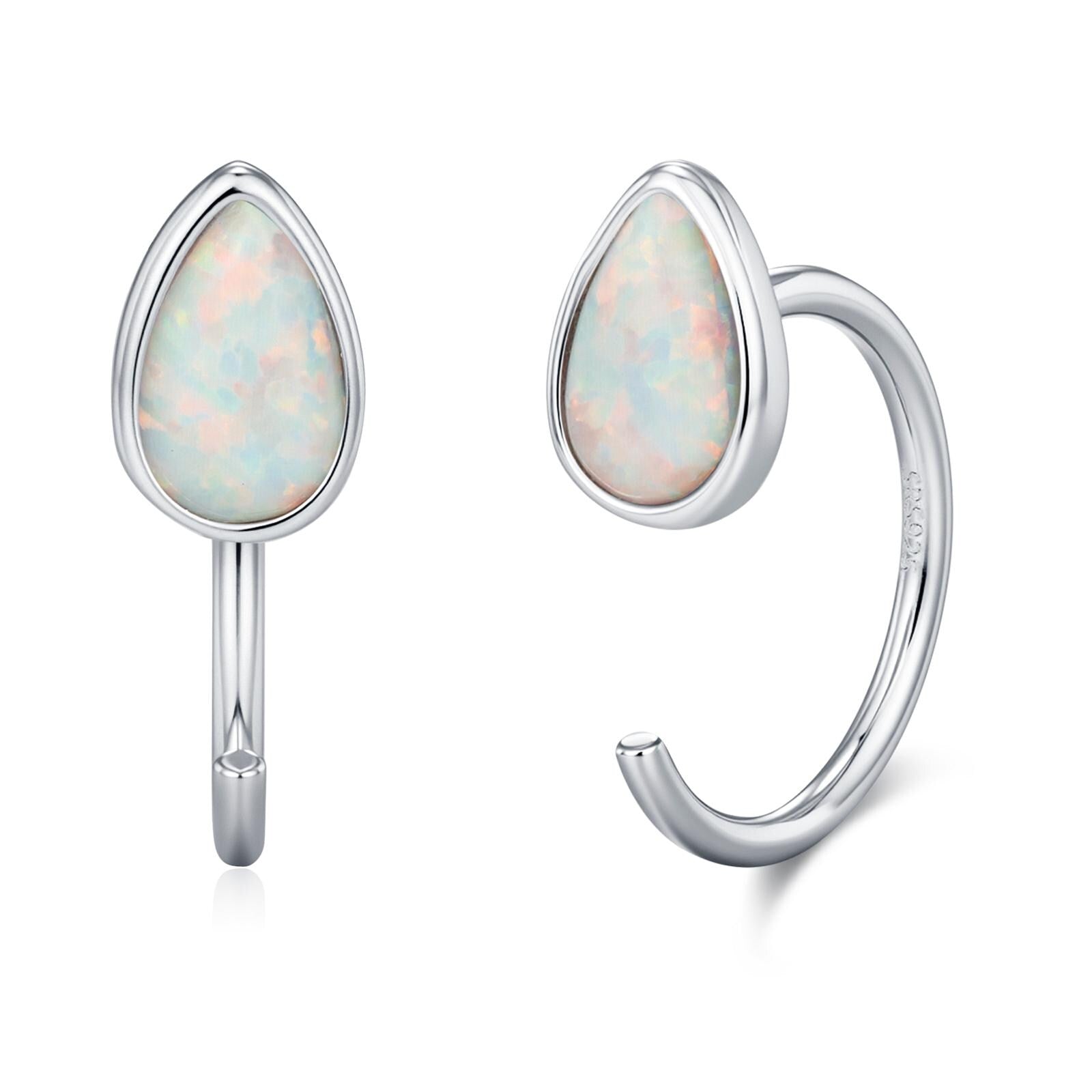 White Opal Droplet Opal Huggie Hoop Earrings in Sterling Silver, Opal Open Hoops, Opal Pull Through Threaders, Half Hoops, C Shape Hoops
