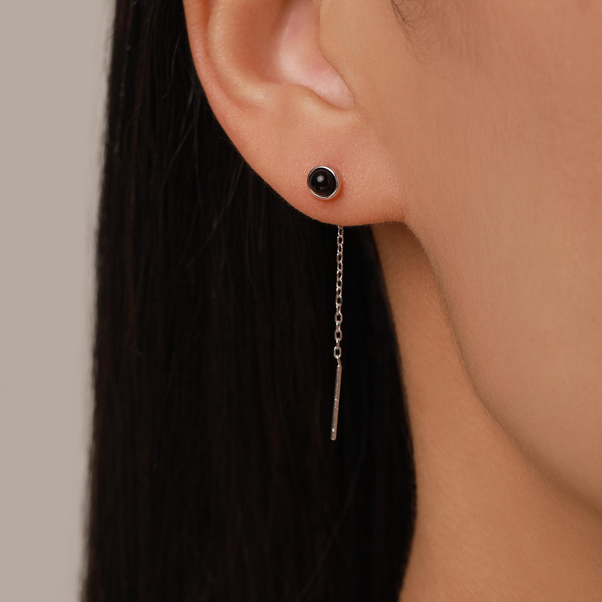Genuine Black Onyx Dot Threader Earrings in Sterling Silver, Natural Black Onyx Ear Threaders, Silver or Gold, Chain Earrings