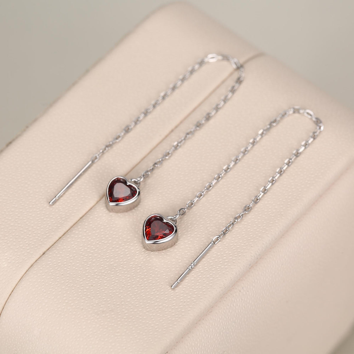 Tiny Garnet Red CZ Heart Threader Earrings in Sterling Silver, 9cm, Silver or Gold, Dainty Heart Ear Threaders, Delicate Heart Threaders