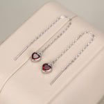 Tiny Garnet Red CZ Heart Threader Earrings in Sterling Silver, 9cm, Silver or Gold, Dainty Heart Ear Threaders, Delicate Heart Threaders