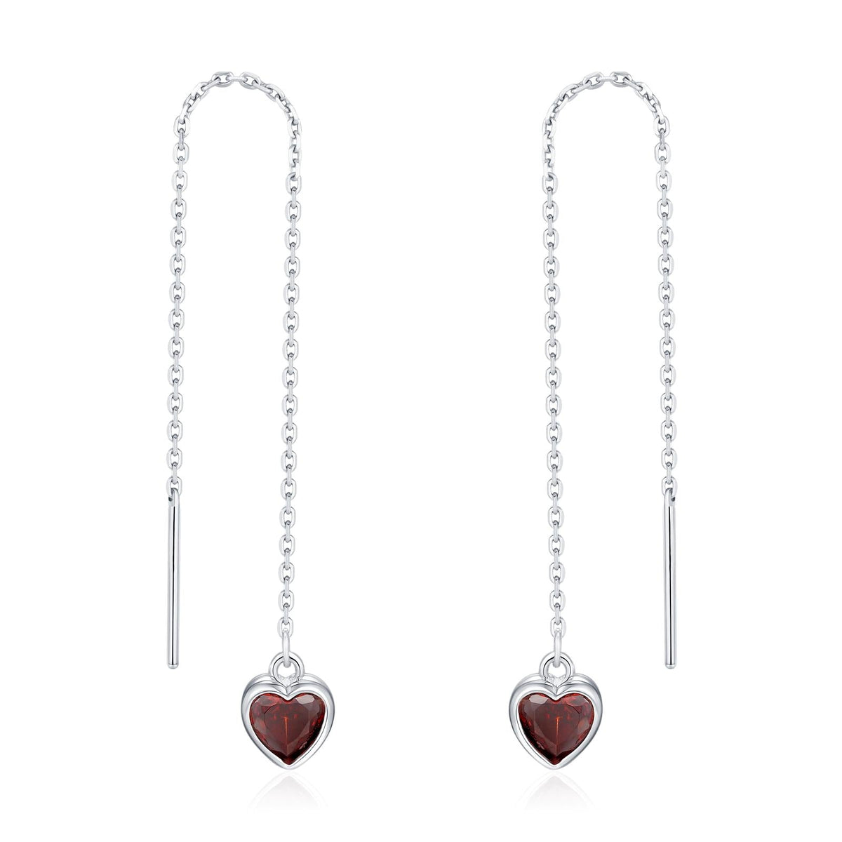 Tiny Garnet Red CZ Heart Threader Earrings in Sterling Silver, 9cm, Silver or Gold, Dainty Heart Ear Threaders, Delicate Heart Threaders