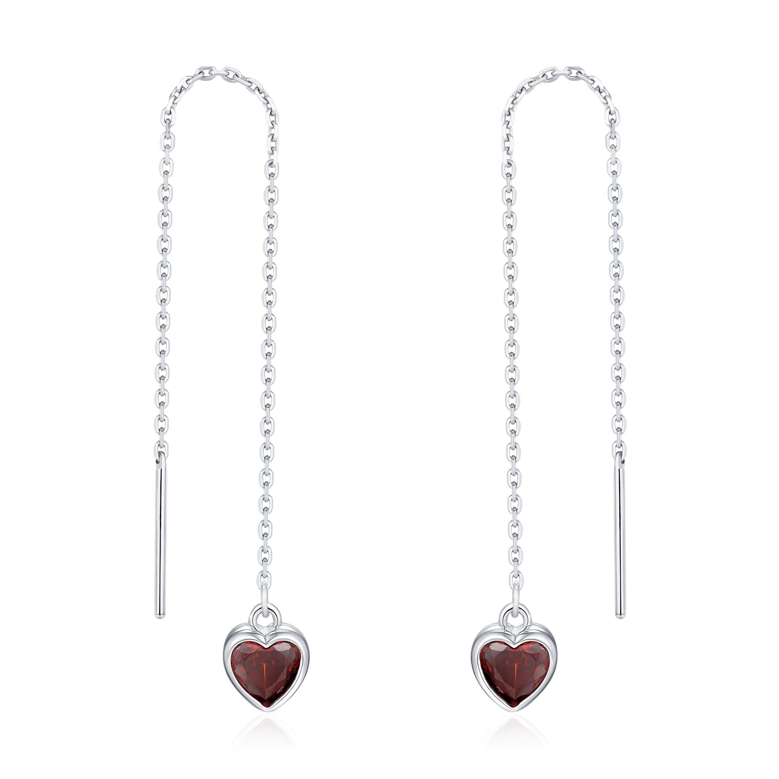 Tiny Garnet Red CZ Heart Threader Earrings in Sterling Silver, 9cm, Silver or Gold, Dainty Heart Ear Threaders, Delicate Heart Threaders