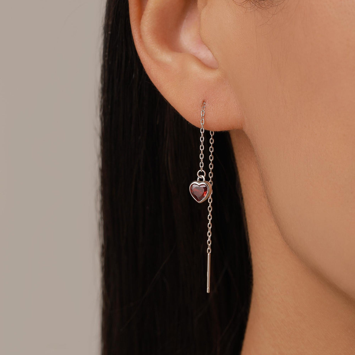 Tiny Garnet Red CZ Heart Threader Earrings in Sterling Silver, 9cm, Silver or Gold, Dainty Heart Ear Threaders, Delicate Heart Threaders