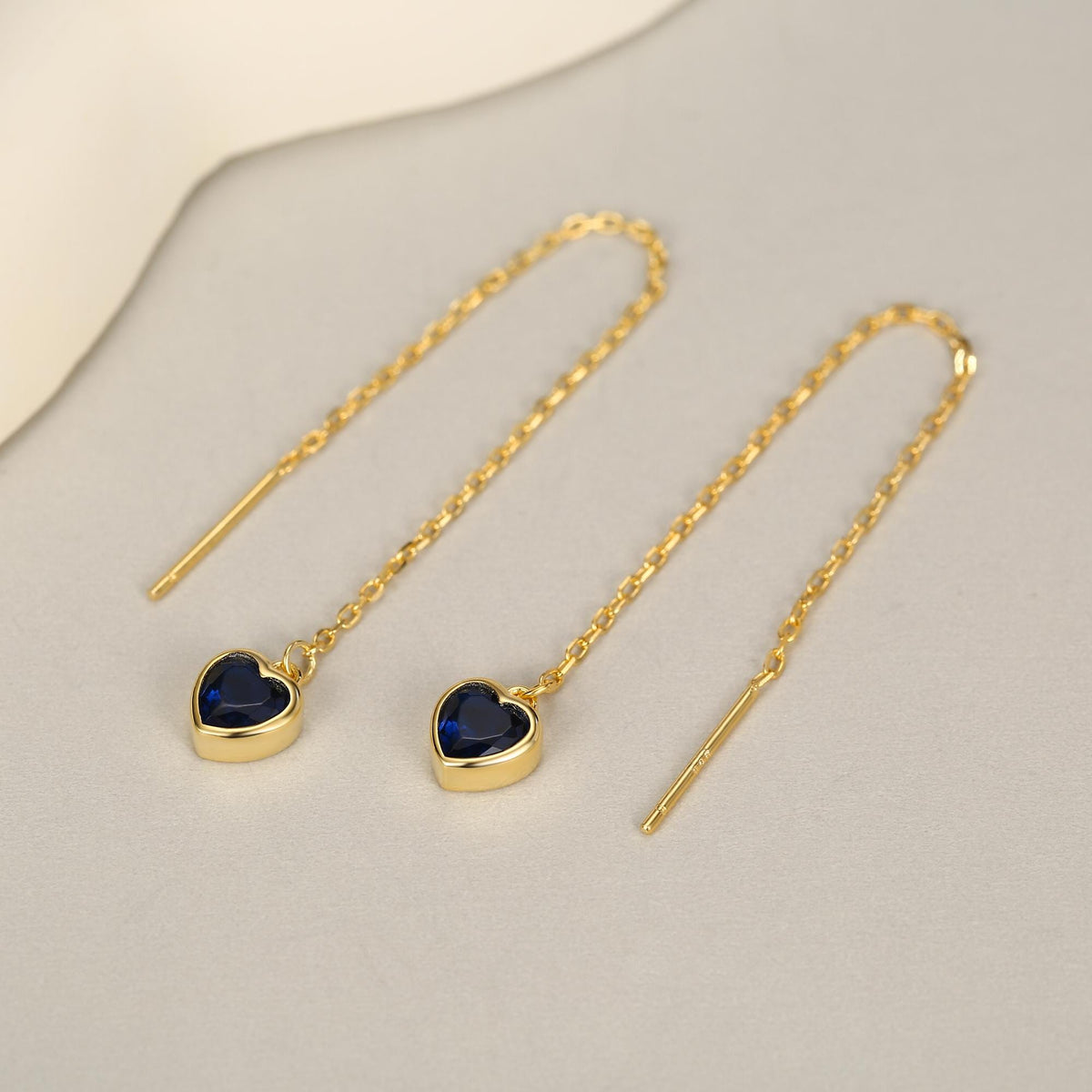 Tiny Sapphire Blue CZ Heart Threader Earrings in Sterling Silver, 9cm, Silver or Gold, Dainty Heart Ear Threaders, Delicate Heart Threaders