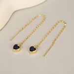 Tiny Sapphire Blue CZ Heart Threader Earrings in Sterling Silver, 9cm, Silver or Gold, Dainty Heart Ear Threaders, Delicate Heart Threaders