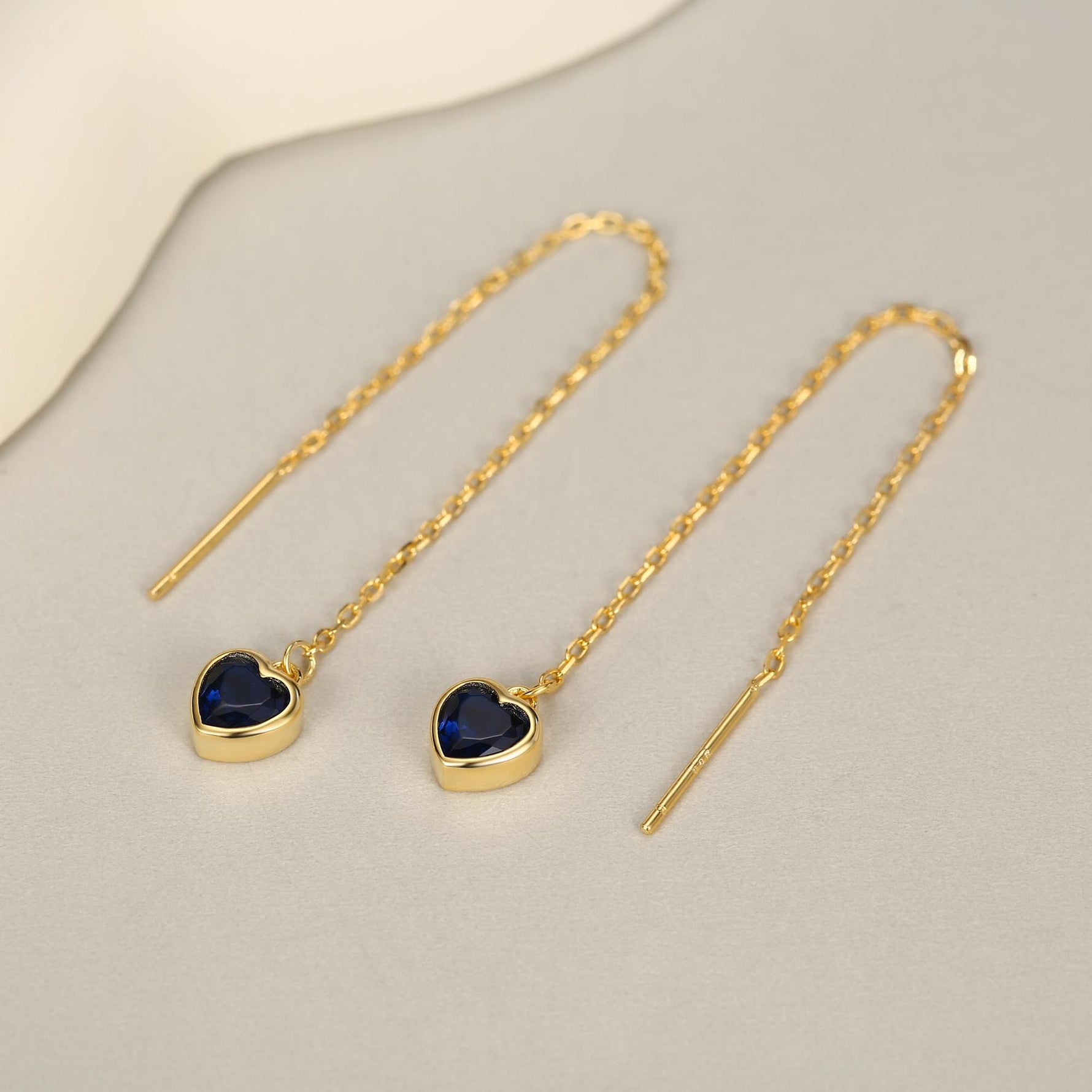 Tiny Sapphire Blue CZ Heart Threader Earrings in Sterling Silver, 9cm, Silver or Gold, Dainty Heart Ear Threaders, Delicate Heart Threaders