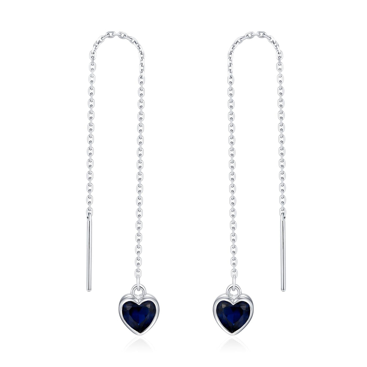 Tiny Sapphire Blue CZ Heart Threader Earrings in Sterling Silver, 9cm, Silver or Gold, Dainty Heart Ear Threaders, Delicate Heart Threaders