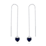 Tiny Sapphire Blue CZ Heart Threader Earrings in Sterling Silver, 9cm, Silver or Gold, Dainty Heart Ear Threaders, Delicate Heart Threaders