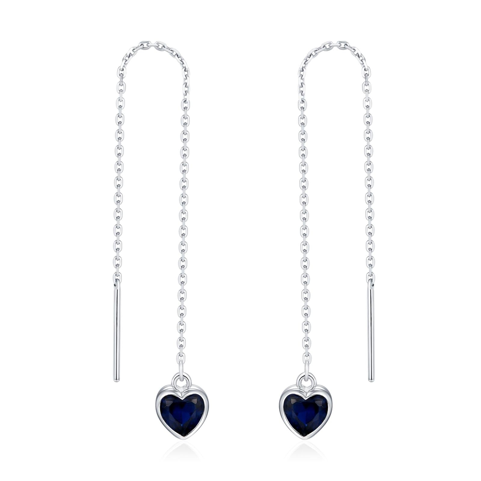 Tiny Sapphire Blue CZ Heart Threader Earrings in Sterling Silver, 9cm, Silver or Gold, Dainty Heart Ear Threaders, Delicate Heart Threaders