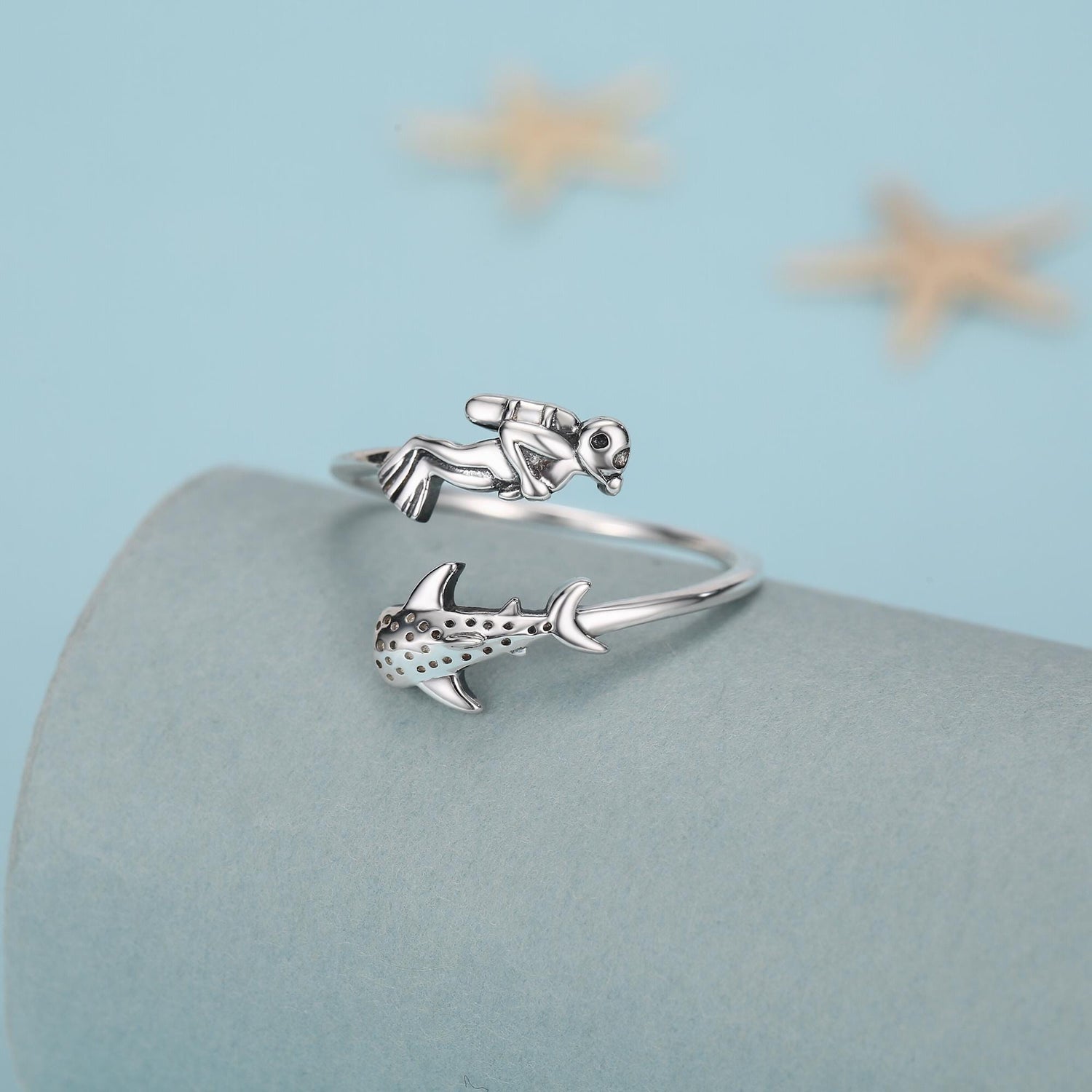 Sterling Silver Scuba Diver and Whale Shark Open Ring