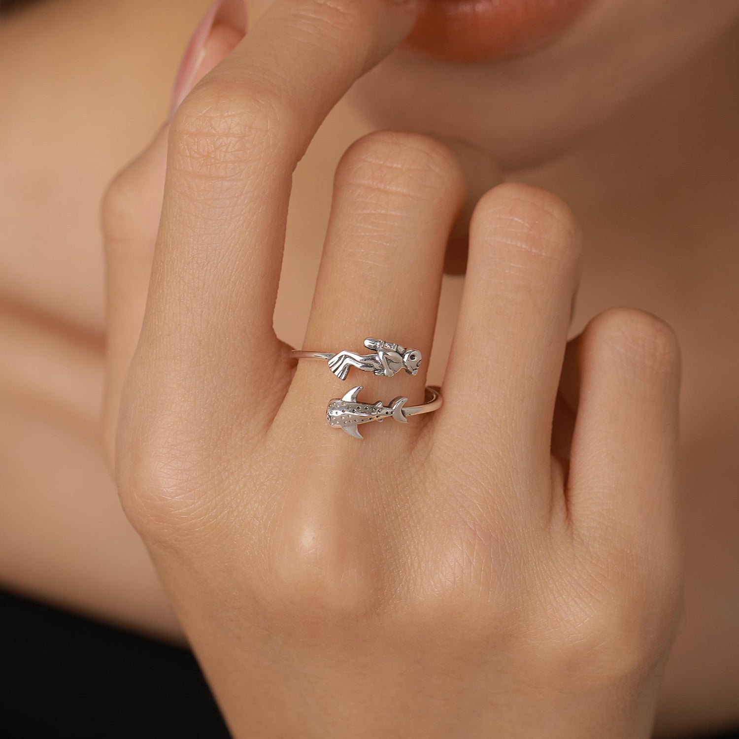 Sterling Silver Scuba Diver and Whale Shark Open Ring