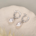 Natural Oval Freshwater Pearl Hoop Earrings in Sterling Silver