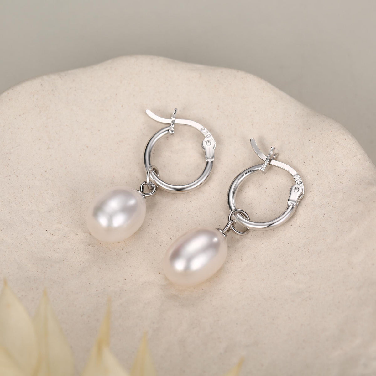Natural Oval Freshwater Pearl Hoop Earrings in Sterling Silver