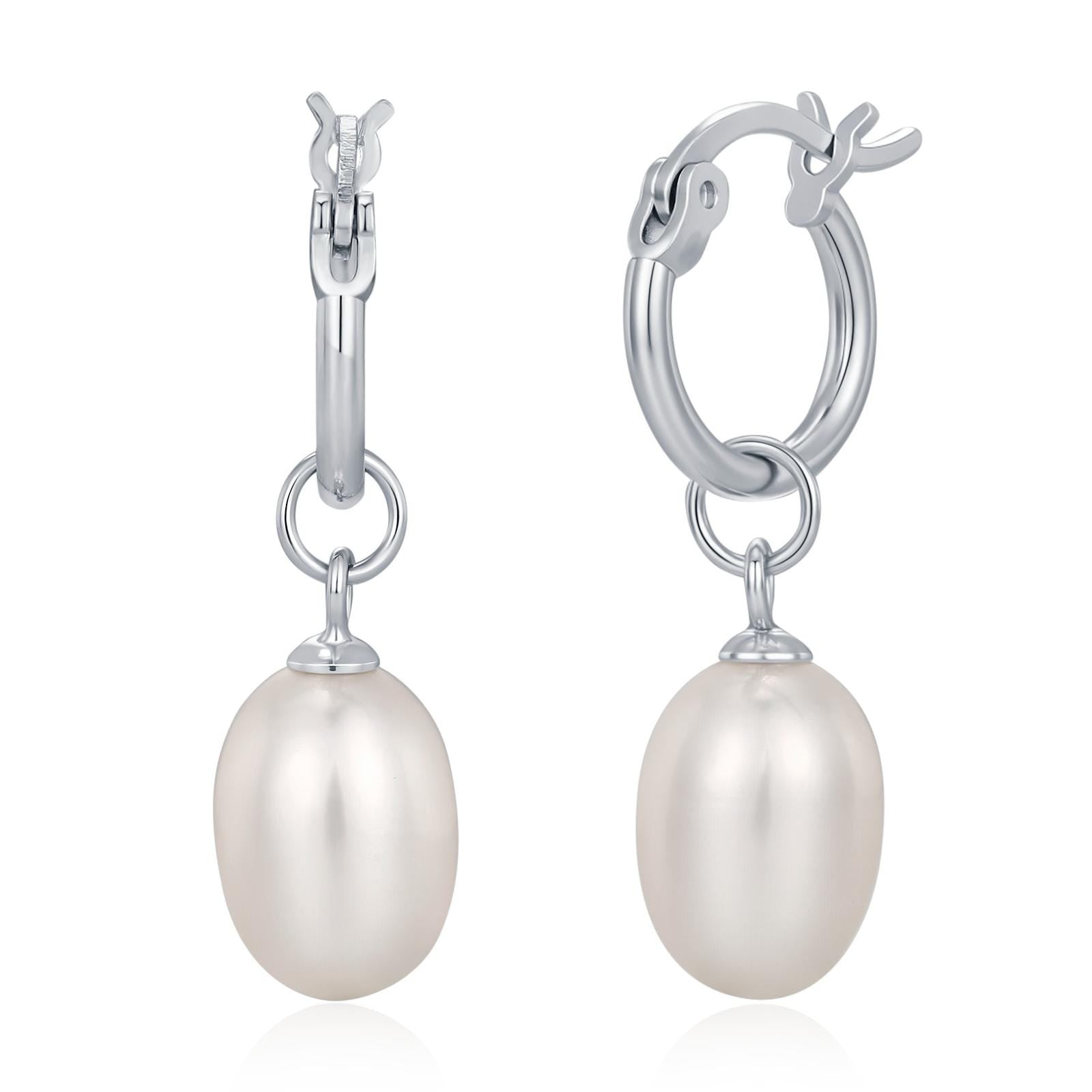 Natural Oval Freshwater Pearl Hoop Earrings in Sterling Silver