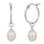 Natural Oval Freshwater Pearl Hoop Earrings in Sterling Silver