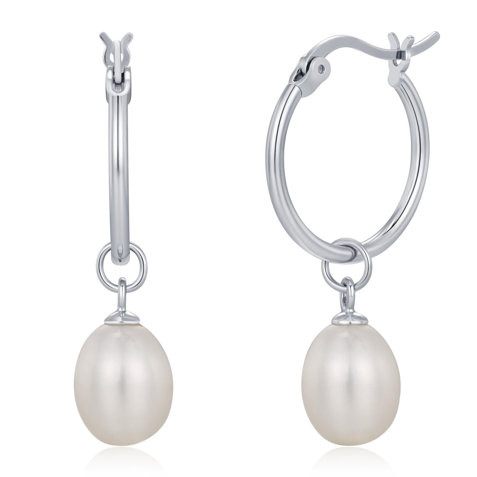 Natural Oval Freshwater Pearl Hoop Earrings in Sterling Silver
