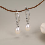 Natural Oval Freshwater Pearl Hoop Earrings in Sterling Silver