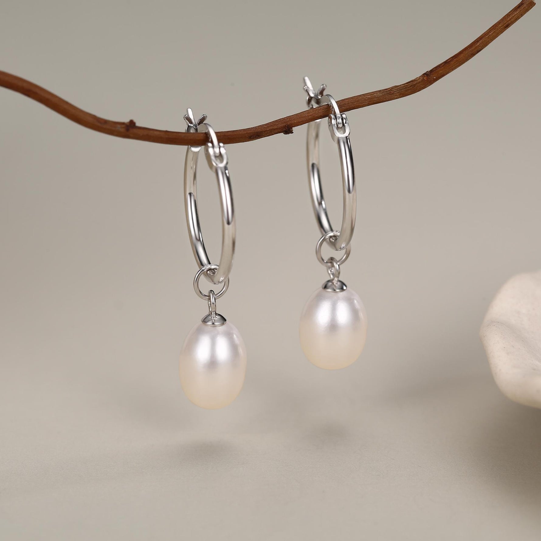 Natural Oval Freshwater Pearl Hoop Earrings in Sterling Silver