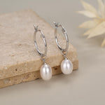 Natural Oval Freshwater Pearl Hoop Earrings in Sterling Silver