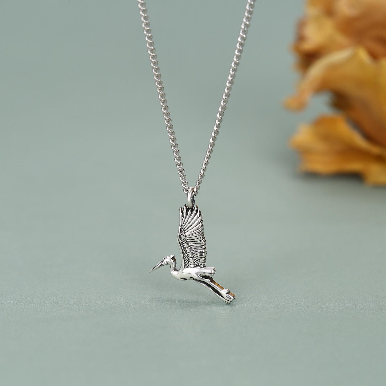 Sterling Silver Flying Heron/Crane Bird Necklace
