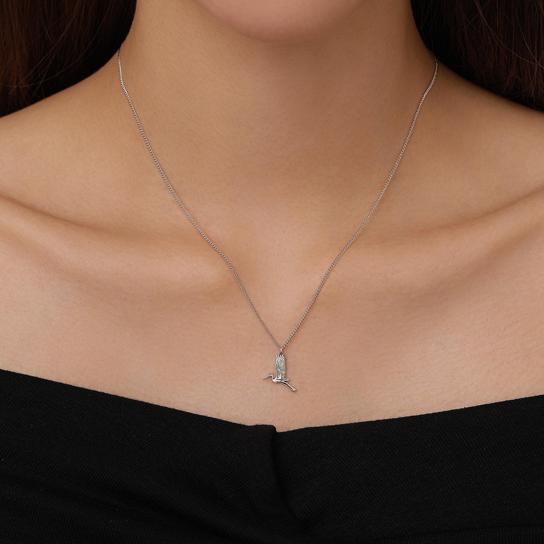 Sterling Silver Flying Heron/Crane Bird Necklace
