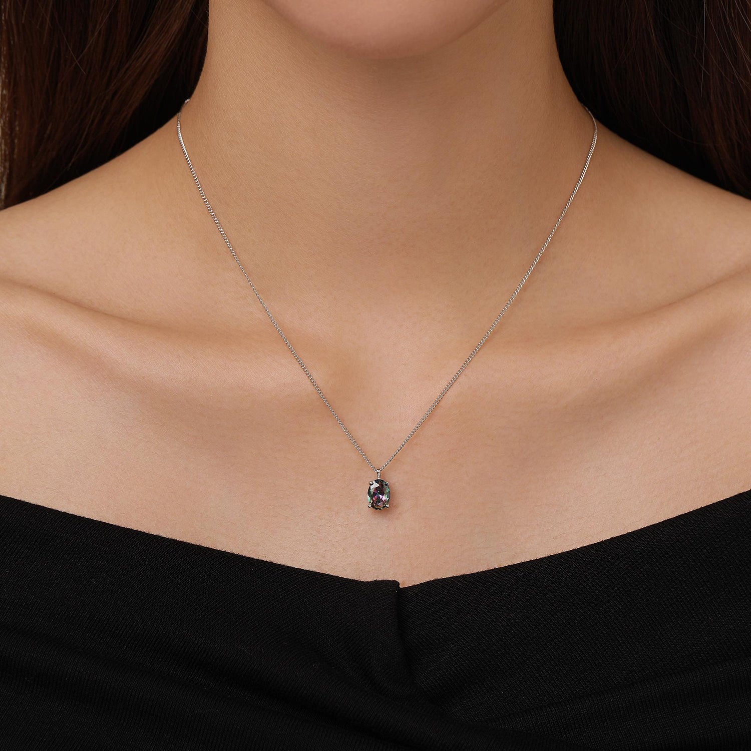 Sterling Silver Oval Mystic Black Topaz Pendant Necklace