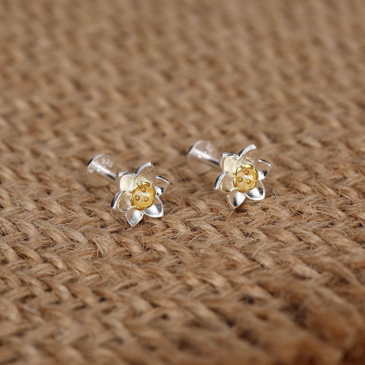 Sterling Silver Tiny Daffodil 16G Internally Threaded Flat Back Earrings