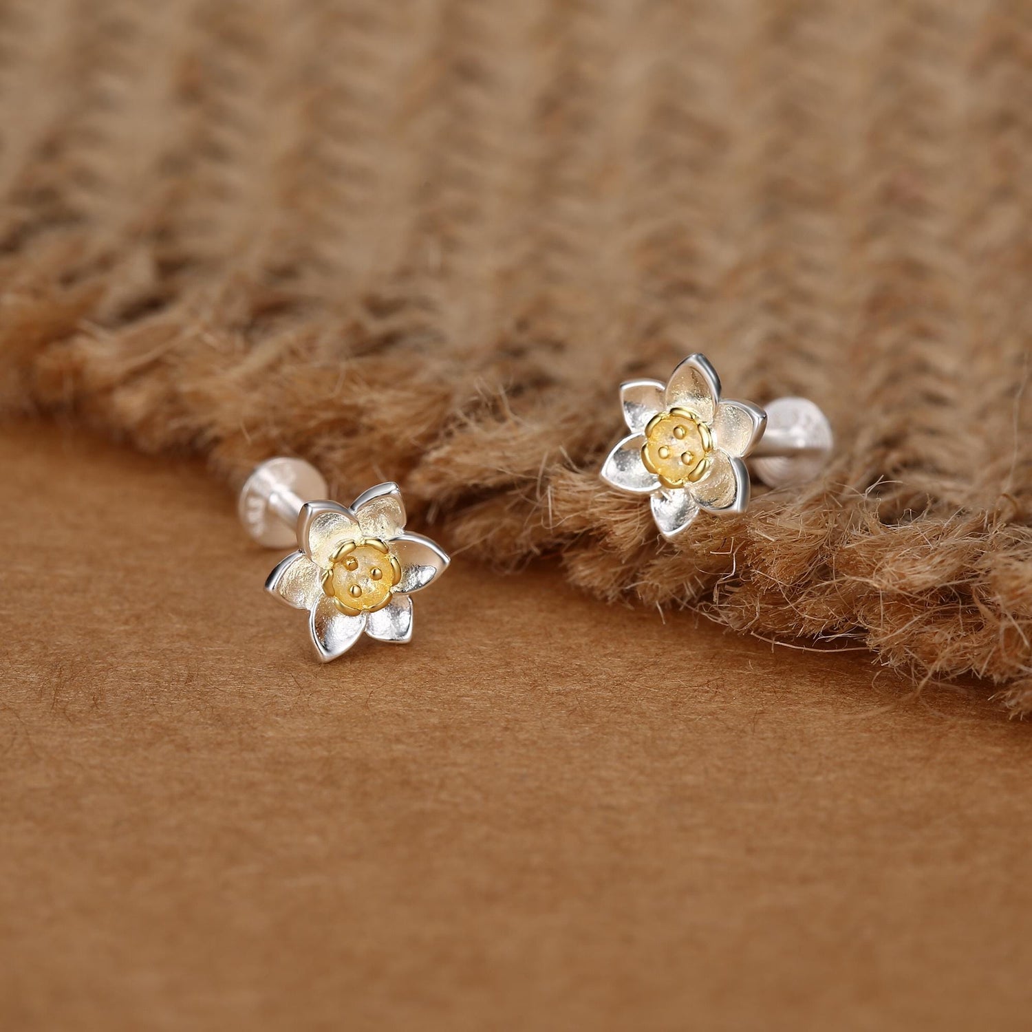 Sterling Silver Tiny Daffodil 16G Internally Threaded Flat Back Earrings