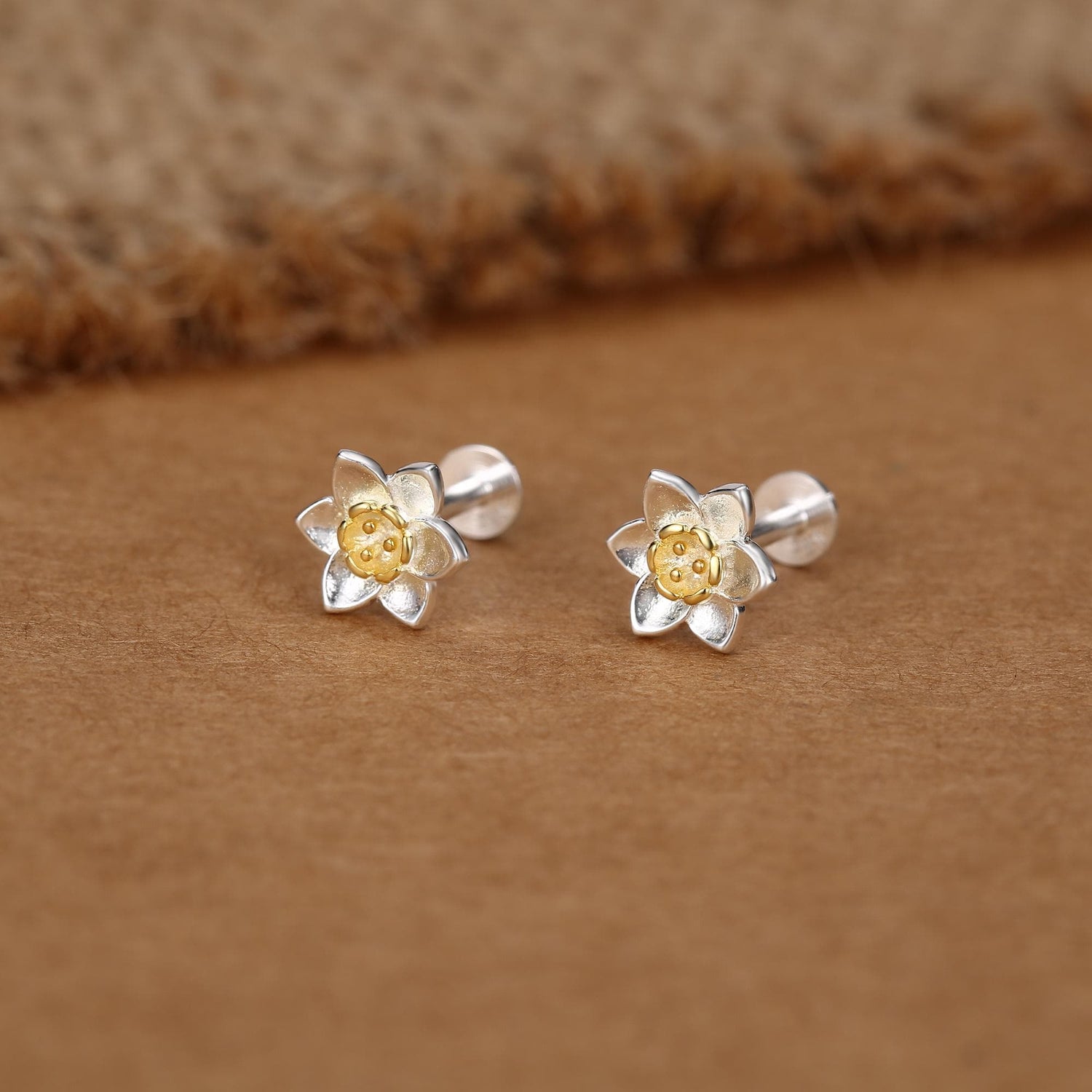 Sterling Silver Tiny Daffodil 16G Internally Threaded Flat Back Earrings